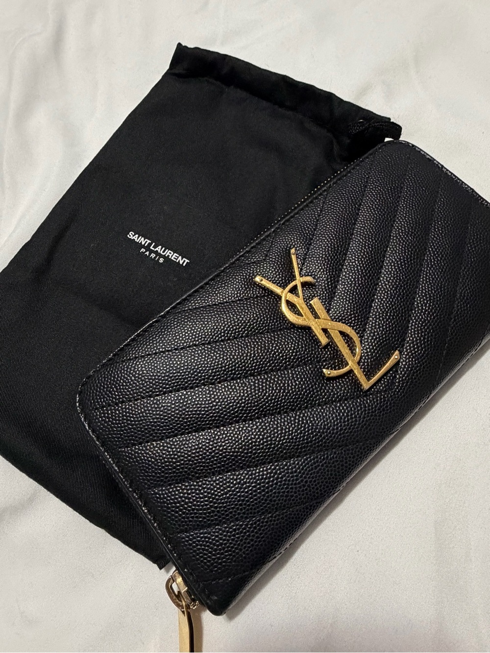 Saint Laurent Black Quilted Zip Wallet with Gold YSL Emblem